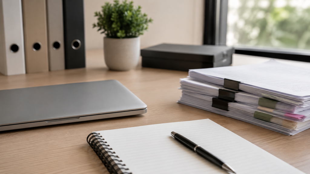 desk setup with documents and laptop all property consulting