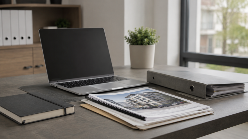 modern office desk with laptop and documents all property consulting
